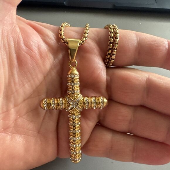 Cross Pendant Stainless Steel Cubic Zirconia 24” Chain Necklace Hip Hop Gold Men - Picture 5 of 6
